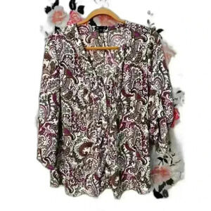 Gap Sheer Paisley Pleated‎ Blouse with Roll up 3/4 Sleeves Women's Size Large